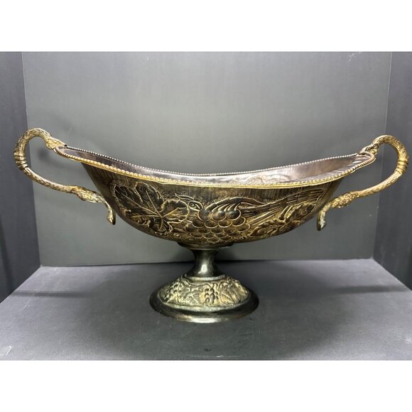 Vintage Brass Table Centerpiece Bowl Pedestal Embossed Fruit with Handles 16" L - Picture 4 of 14